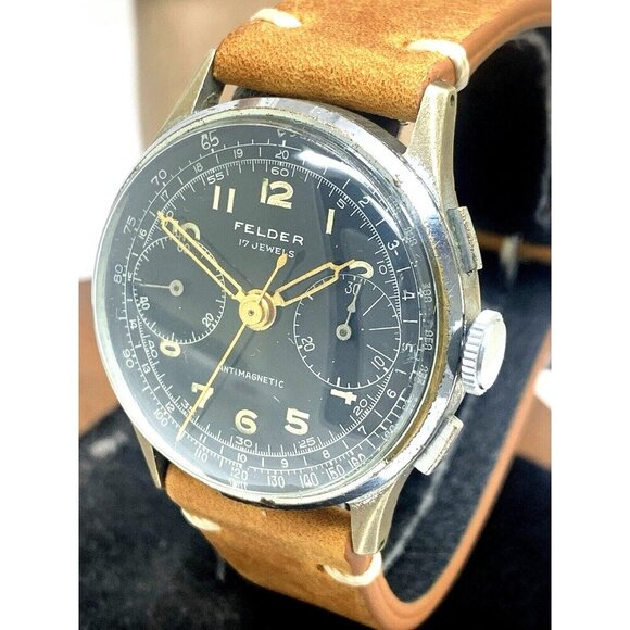 Felder Delbana Men's Watch Vintage Swiss Manual Wind WWII Chronograph Black Dial - Picture 1 of 15